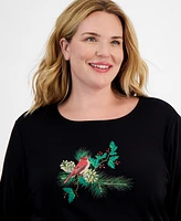 Holiday Lane Plus Embellished Cardinal Long-Sleeve Top, Created for Macy's