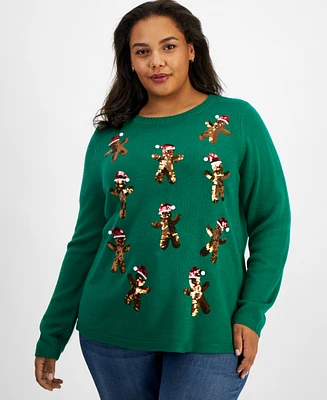 Holiday Lane Plus Sequined Gingerbread Santa Sweater, Created for Macy's