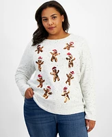 Holiday Lane Plus Sequined Gingerbread Santa Sweater, Created for Macy's