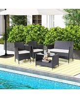 Sugift 4 Pieces Patio Conversation Set with Soft Cushions and Tempered Glass Tabletop