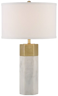 Possini Euro Design Leala Modern Accent Table Lamp 21" High Faux Marble Gold Metal Hexagonal White Drum Shade for Bedroom Living Room House Home Bedsi