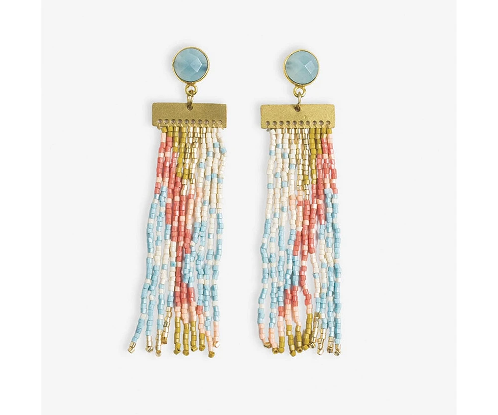 Ink + Alloy Lilah Semi-Precious Stone Post With Organic Shapes Beaded Fringe Earrings Amalfi