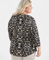 Jm Collection Plus Printed 3/4-Sleeve Top, Created for Macy's