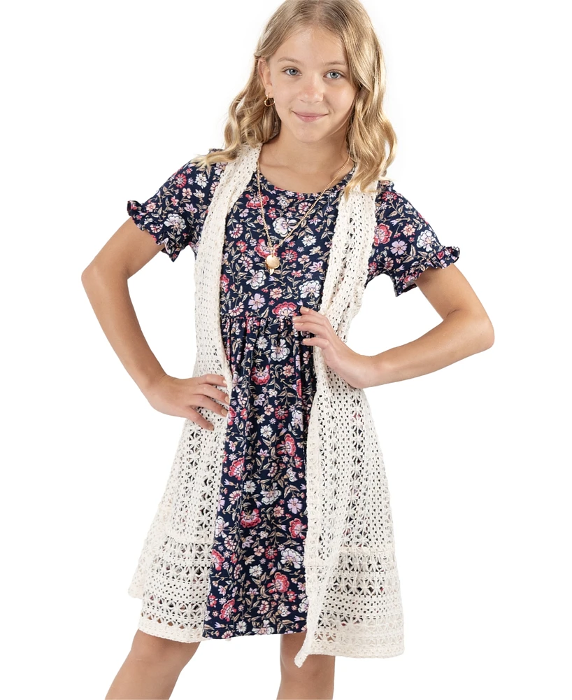 Rare Editions Big Girls Floral-Print Dress & Crochet Vest, 2 Piece Set