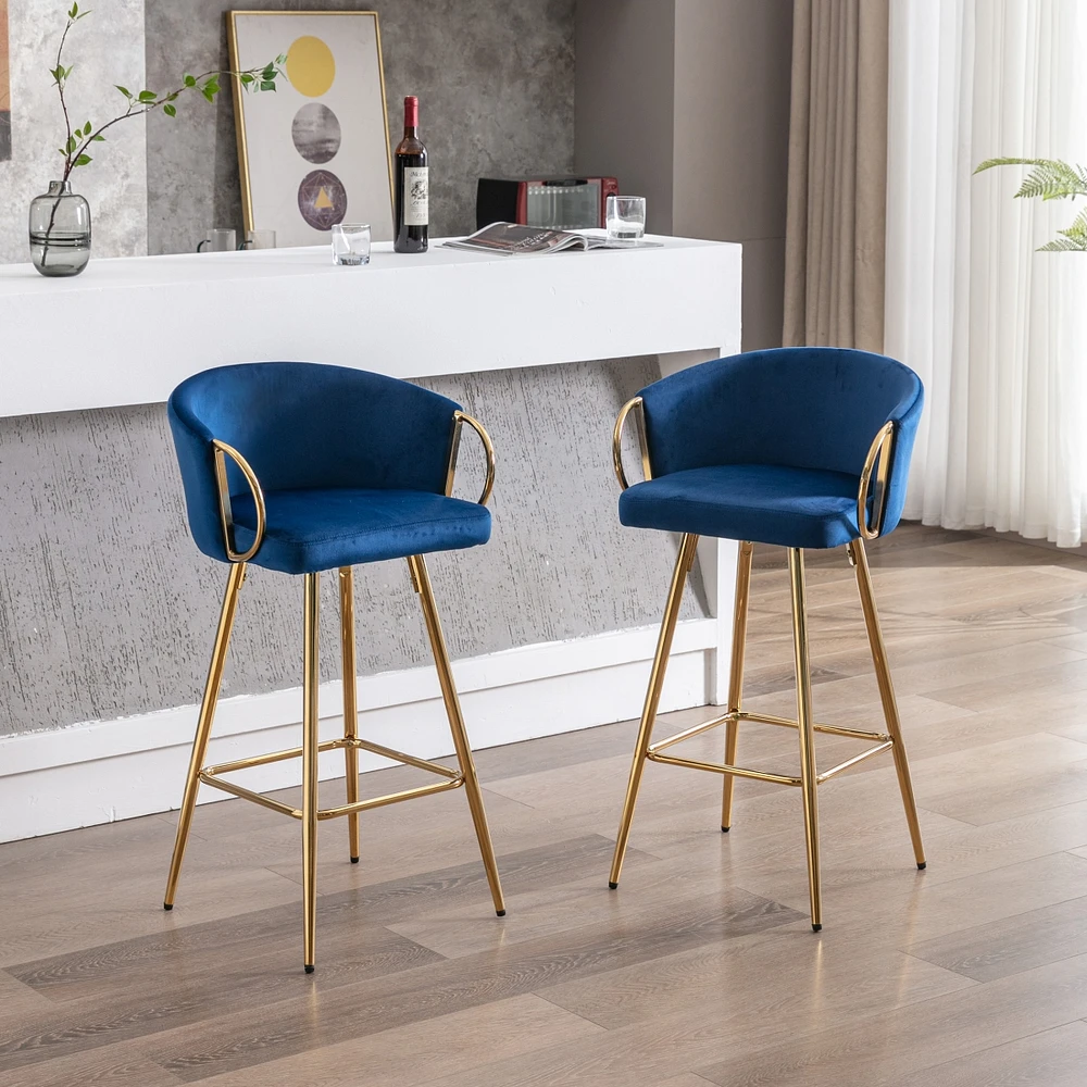 Simplie Fun 30 Inch Set Of 2 Bar Stools, With Chrome Footrest And Base Velvet + Golden Leg Simple Barstool, Blue