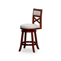 Simplie Fun 24" Counter Height X-Back Swivel Stool, Cherry Finish, Beige Fabric Seat