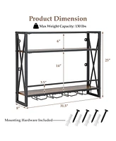 3-Tiers Industrial Wall Mounted Wine Rack with Glass Holder and Metal Frame