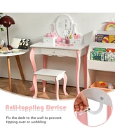 Kids Vanity Princess Makeup Dressing Table Stool Set W/ Mirror Drawer