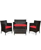 Costway 4PCS Patio Furniture Set Rattan Conversation Set W/ Tempered Glass Coffee Table