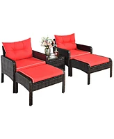 Costway 5 Pcs Rattan Wicker Furniture Set Sofa Ottoman W/Brown Cushion Patio Garden Yard