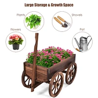 Wood Wagon Flower Planter Pot Stand W/Wheels