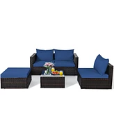 Gymax 5PCS Cushioned Rattan Patio Conversation Set w/ Ottoman Navy Cushion