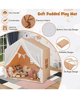 Kid's Play Tent Toddler Playhouse Castle Solid Wood Frame with Washable Mat
