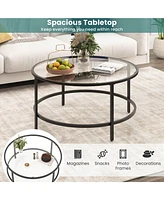 Costway 36'' Round Coffee Table Tempered Glass Tabletop Metal Frame Living Room