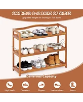 Costway 3-Tier Wood Shoe Rack Solid Acacia Wood Shoe Shelf with Side Metal Hooks