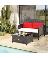 Costway 2PCS Patio Rattan Wicker Love-seat Coffee Table Set Cushioned Bench Garden Deck