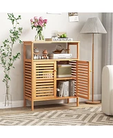 Costway Bamboo Floor Cabinet Bathroom Storage Cabinet Storage Organizer w/ Shutter Doors