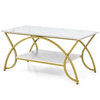 Costway Coffee Table Modern Marble 2-Tier Coffee Table Gold Rectangle