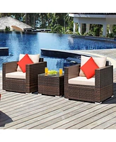 Gymax 3PCS Patio Rattan Outdoor Furniture Set w/ Cushioned Sofa Coffee Table