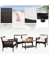 Gymax 4PCS Rattan Patio Furniture Set Acacia Wood Outdoor Conversation Set w/ Cushions