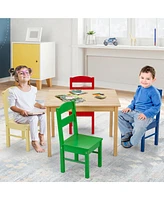 Kids 5 Piece Table Chair Set Pine Wood Multicolor Children Play Room Furniture