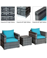 Costway 3 Pc Patio Rattan Furniture Bistro Set Cushioned Sofa Chair Table