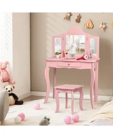 Costway Vanity Table Set Makeup Dressing Kids Stool Mirror