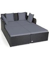 Outdoor Patio Rattan Daybed Pillows Cushioned Sofa Furniture