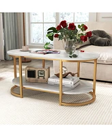 White Marble Coffee Table Modern 2-Tier Center Table with Open Storage Shelf