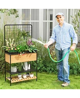 59" Raised Wooden Garden Bed with Metal Trellis Open Storage Shelves Drain Holes