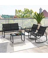 Costway 4 Pcs Patio Rocking Set 2 Rocking Chairs & Loveseat with Glass-Top Table