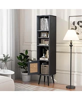 Costway Rattan Storage Cabinet Freestanding Slim Organizer Wood Display Rack Living Room