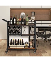 3-tier Bar Cart on Wheels Home Kitchen Serving with Wine Rack & Glass Holder
