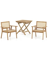 3 Pieces Patio Table Chair Set Wood Bistro Set with Rattan Seat & Teak Wood Frame