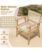 Costway 3 Pieces Patio Table Chair Set Wood Bistro Set with Rattan Seat & Teak Wood Frame