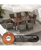 7 Pieces Outdoor Wicker Dining Set with Acacia Wood Table and 6 Armchairs