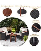 Costway 3PCS Patio Wicker Sofa Set Acacia Wood Frame