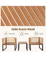 Costway 3pcs Patio Acacia Wood Bistro Conversation Cushioned Chair & Table Set Outdoor