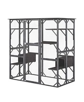 Costway Large Wooden Cat House 71'' Indoor Outdoor Weatherproof Catio Kitten Enclosure