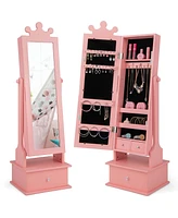 Kid Freestanding Jewelry Armoire 2-in-1 Full Length Mirror Storage Drawer