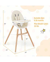 Baby High Chair Wooden Feeding with 4-Gear Tray & Removable Cushion