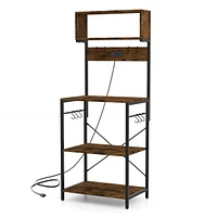 Kitchen Bakers Rack 60'' Microwave Stand with Power Outlet Open Shelves & Hooks