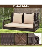 Patio Wicker Porch Swing 2-Person Hanging Loveseat Bench Chair with Cushions