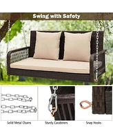 Patio Wicker Porch Swing 2-Person Hanging Loveseat Bench Chair with Cushions