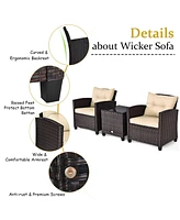 Costway 3PCS Patio Rattan Furniture Set Cushioned Sofa Coffee Table Garden