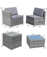 Gymax Set of 8 Gray Rattan Wicker Sofa & Table Outdoor Cushioned Sectional Patio Furniture