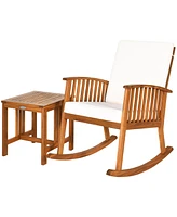 Costway 2PCS Acacia Wood Patio Rocking Chair Set Cushioned Coffee Table