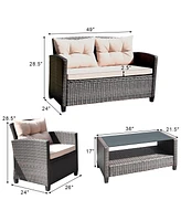 Gymax 4pcs Outdoor Rattan Furniture Set Cushioned Sofa w/Armrest Home