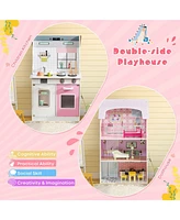 Costway Kids Kitchen Playset & Dollhouse 2-In-1 W/ Accessories & Furniture For Toddlers