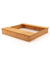 Costway Kids Wooden Sandbox w/ Bench Seats & Storage Boxes Children Outdoor Playset